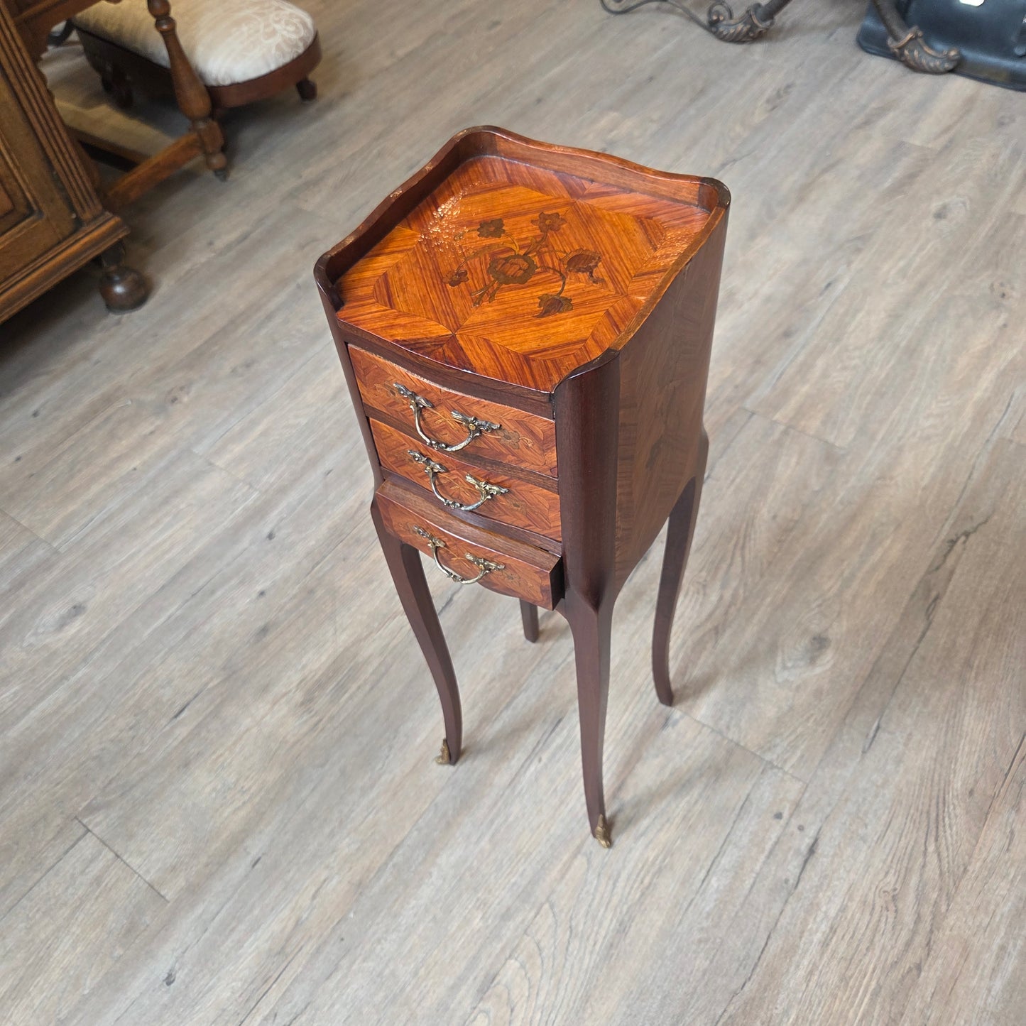Tiny Victorian cabinet, 3 drawers, inlaid wood/parquetry design