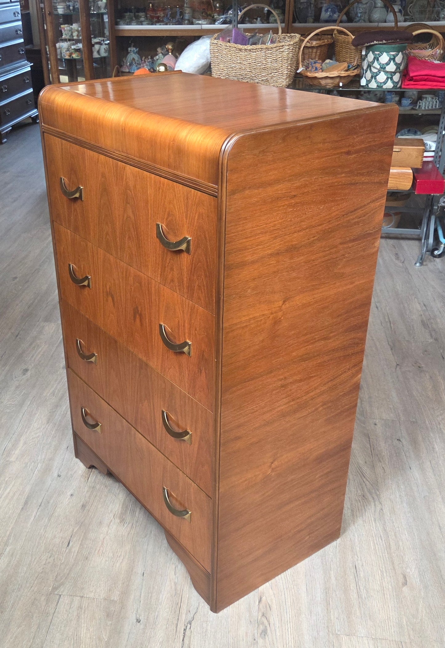 Waterfall highboy, brass handles