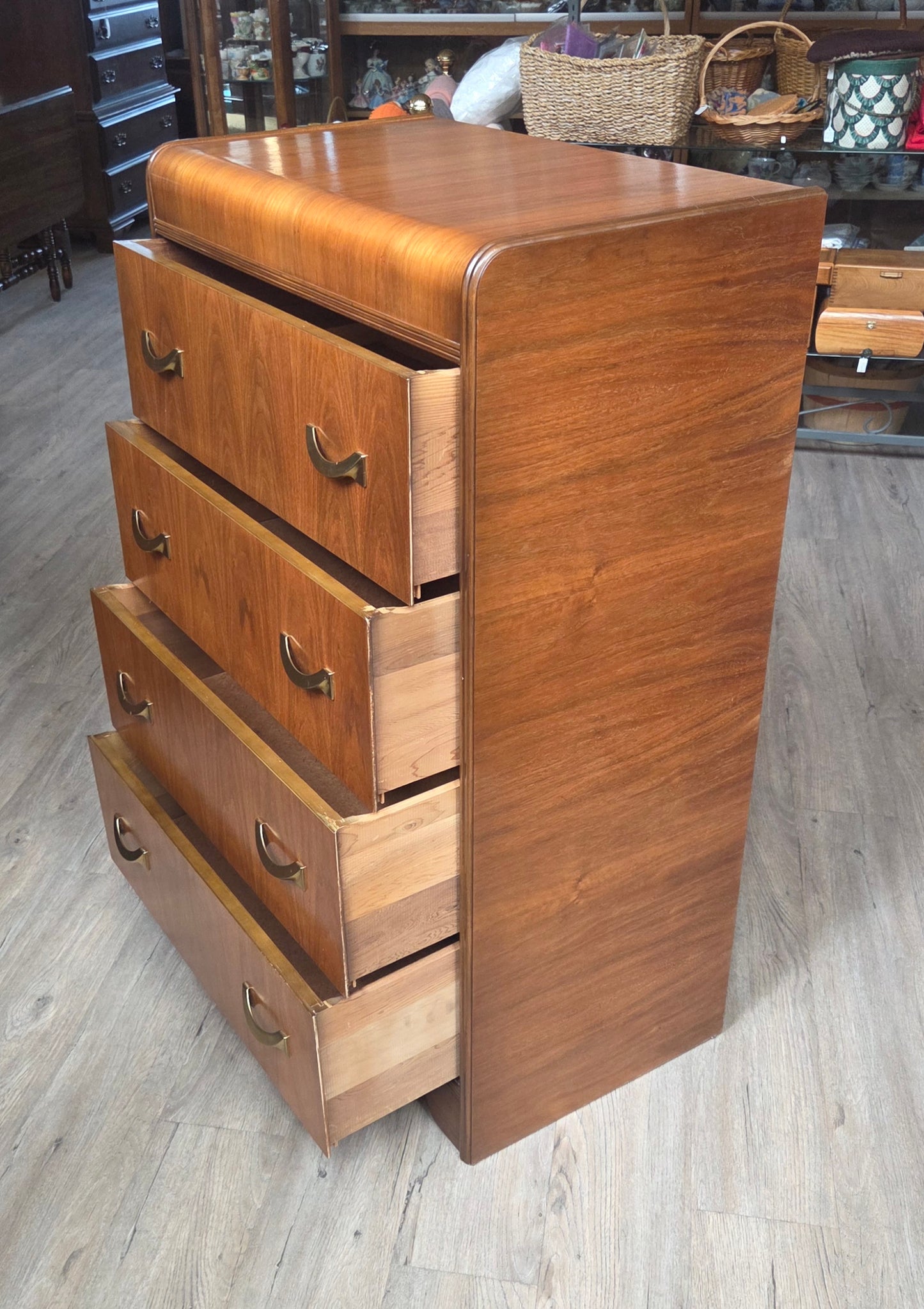 Waterfall highboy, brass handles