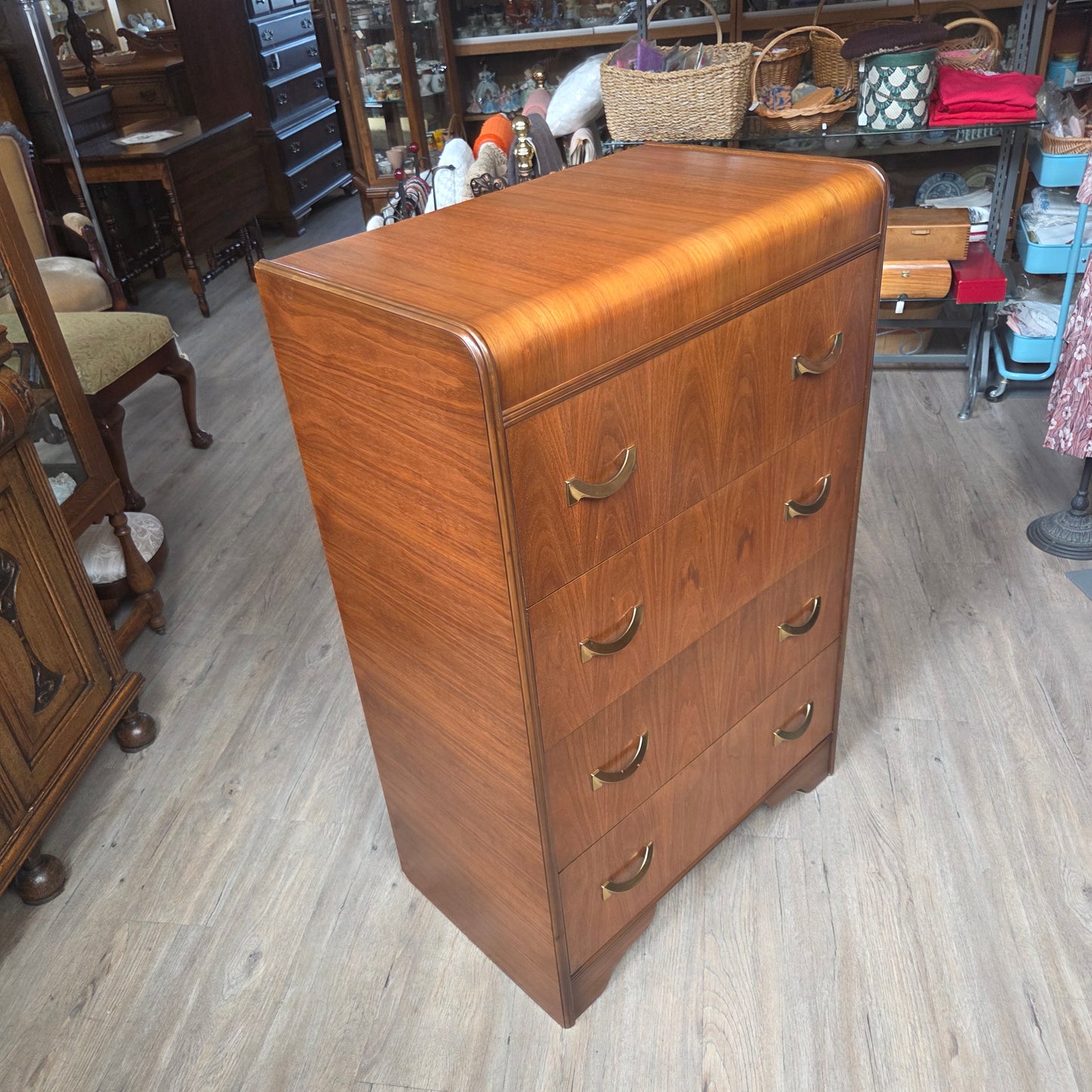 Waterfall highboy, brass handles