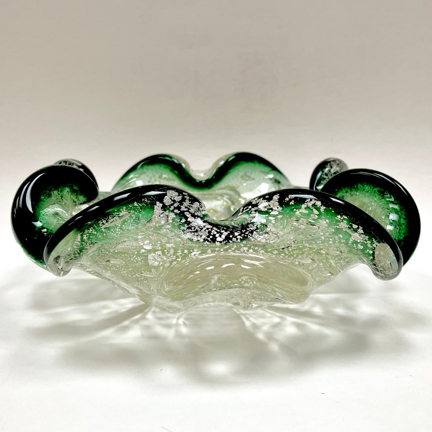 Murano, Art Glass, bowl, Ashtray, Bullicante, Controlled Bubbles, MCM, Quilted, Green, Gold, Silver