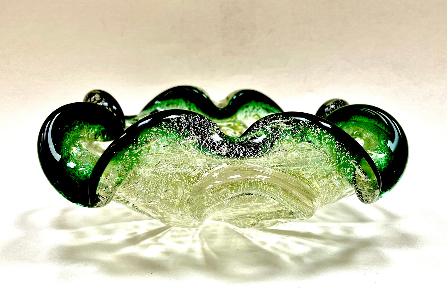 Murano, Art Glass, bowl, Ashtray, Bullicante, Controlled Bubbles, MCM, Quilted, Green, Gold, Silver