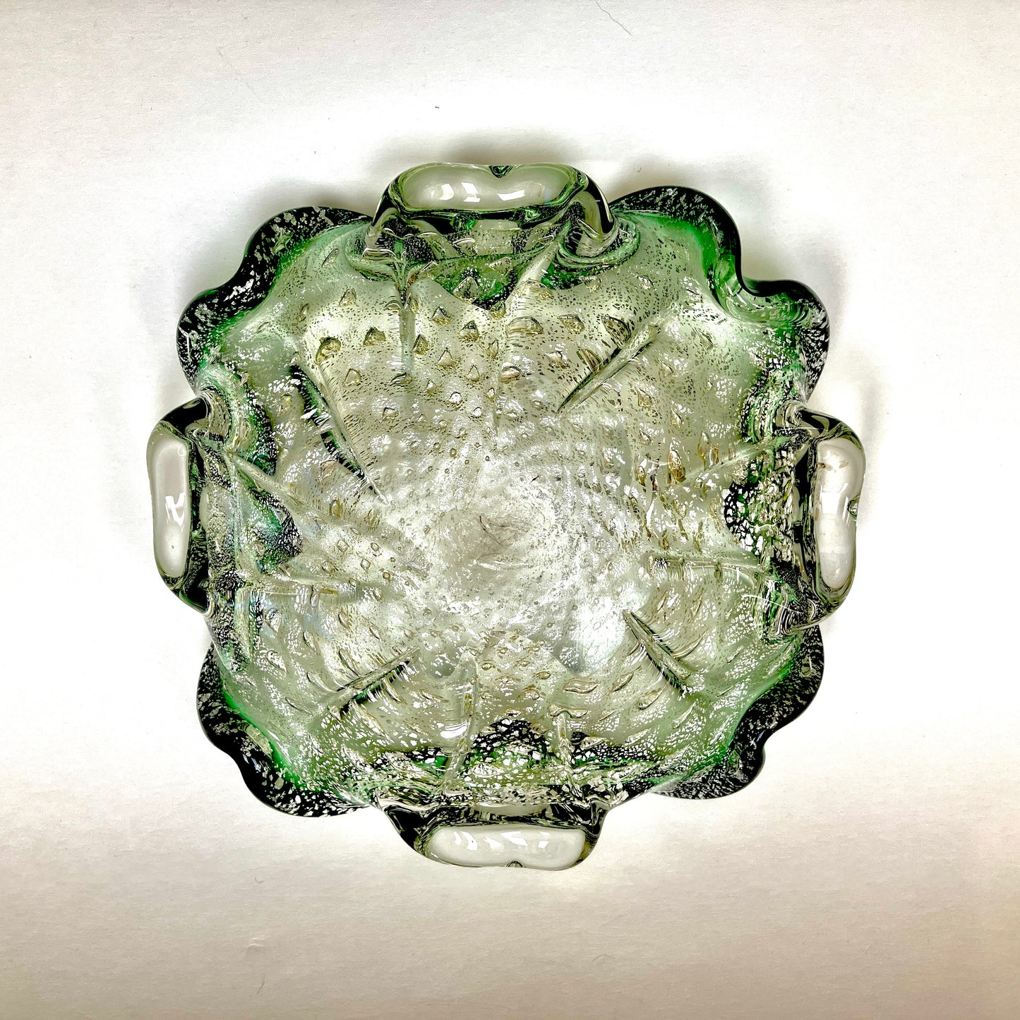 Murano, Art Glass, bowl, Ashtray, Bullicante, Controlled Bubbles, MCM, Quilted, Green, Gold, Silver