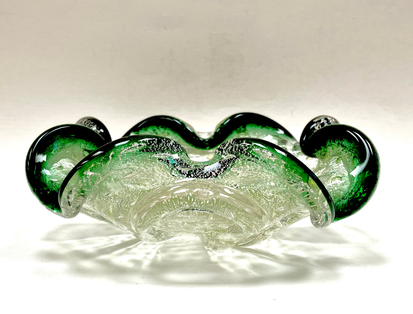 Murano, Art Glass, bowl, Ashtray, Bullicante, Controlled Bubbles, MCM, Quilted, Green, Gold, Silver