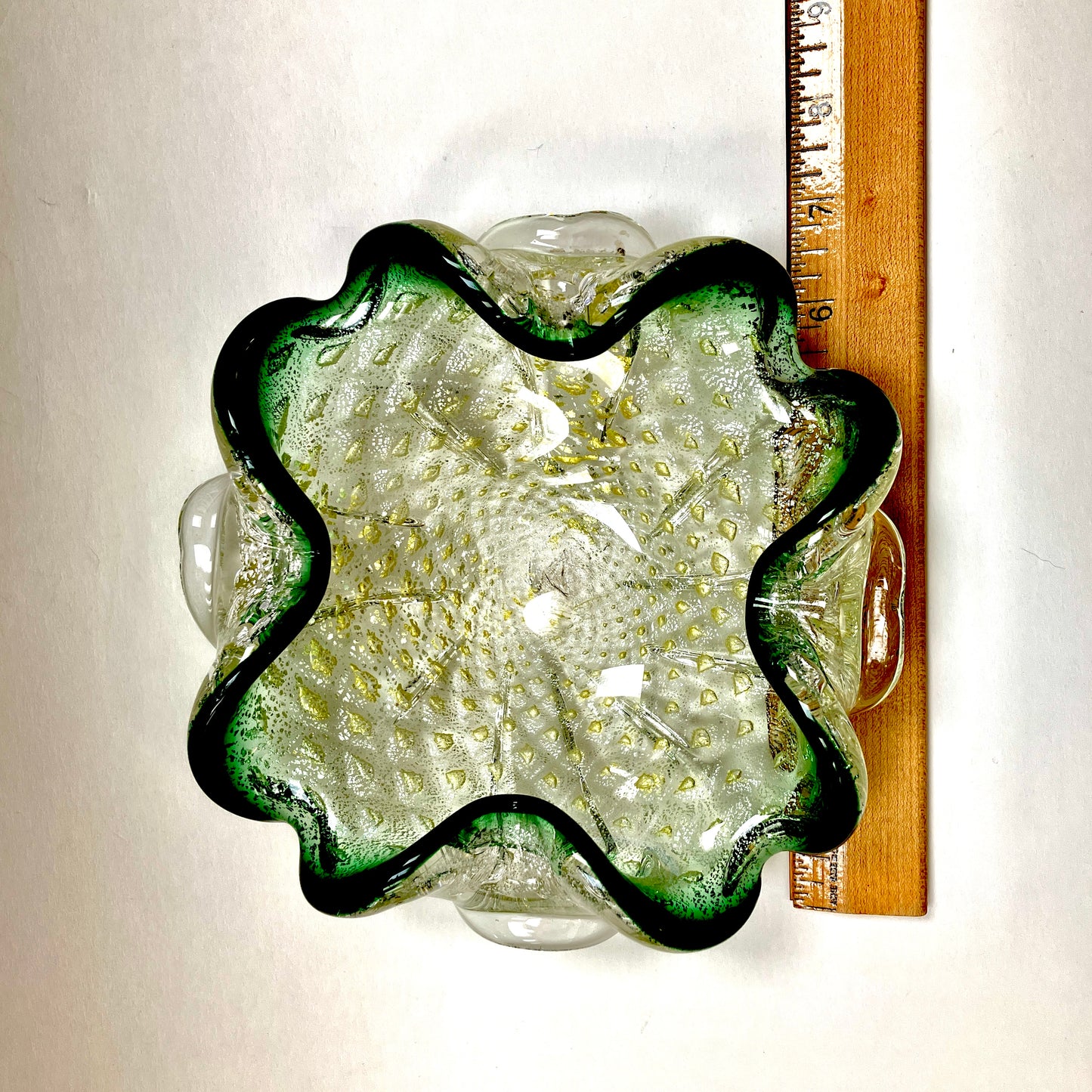 Murano, Art Glass, bowl, Ashtray, Bullicante, Controlled Bubbles, MCM, Quilted, Green, Gold, Silver