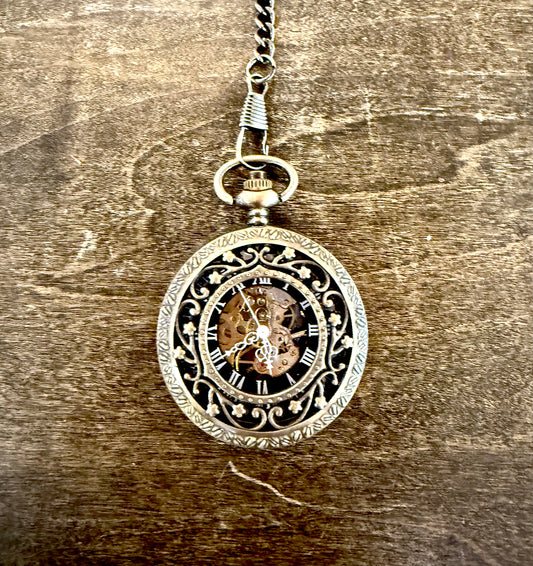 Winding Pocket Watch Non-Vintage Embossed Bronze with Hinged Open Cover with Filigree embellishment