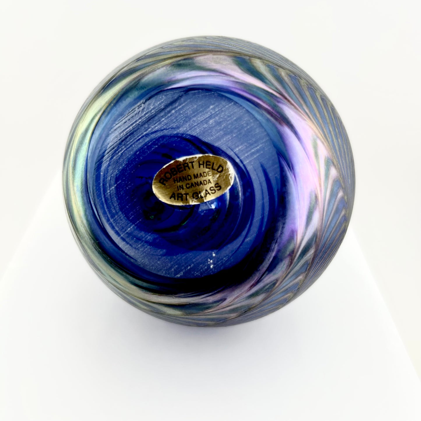 Robert Held, (RHAG, British Columbia, Canada), Artisan Art Glass Vase, Feathered Deep Blue, Purple, Iridescent,