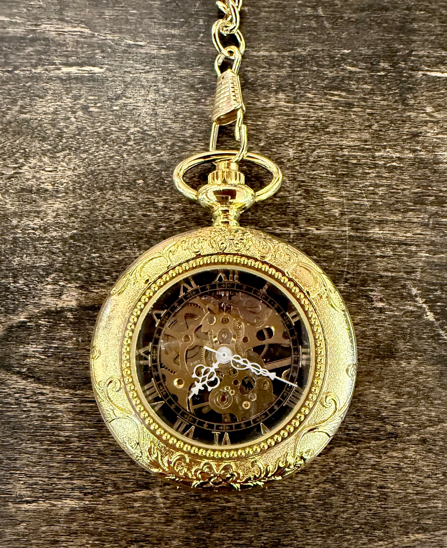 Winding Pocket Watch Non-Vintage Embossed Gold Coloured with Hinged Cover with Embossed Border