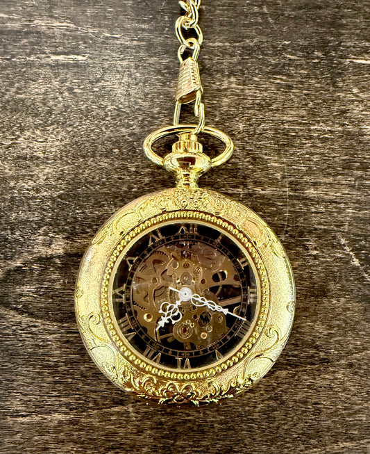 Winding Pocket Watch Non-Vintage Embossed Gold Coloured with Hinged Cover with Embossed Border