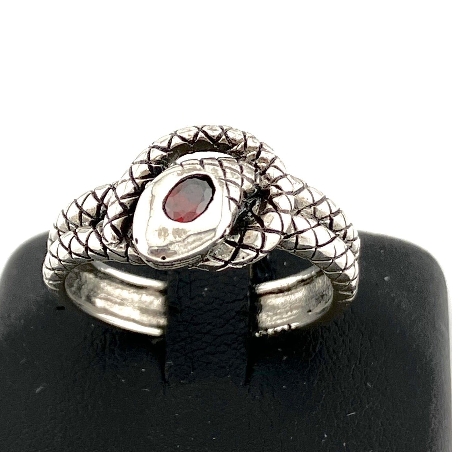 Sterling Silver Coiled and Knotted Scaled Snake Ring with Garnet Accent