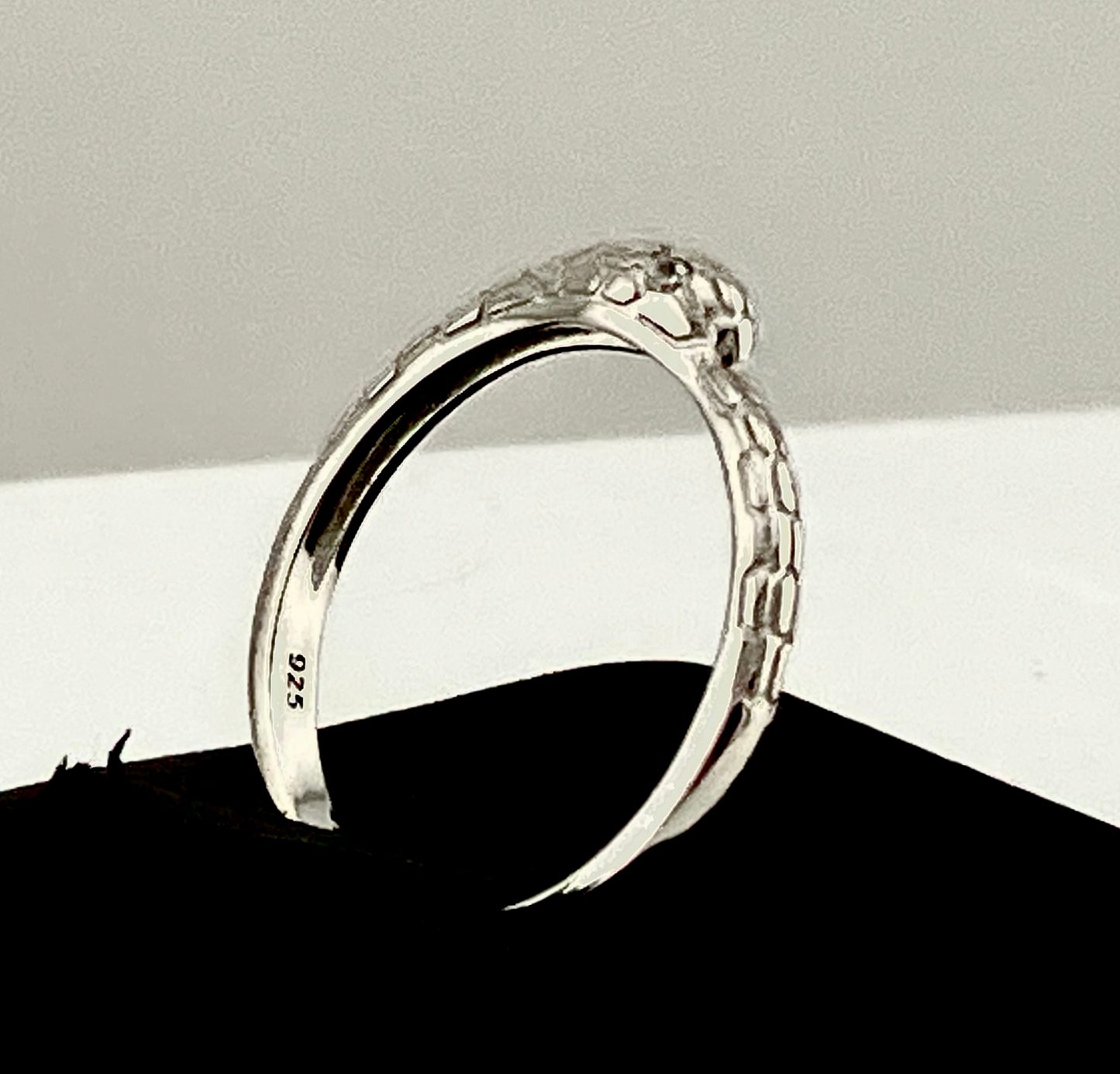 Sterling Silver Delicate Textured Infinity Snake Ring with Cubic Zirconia Eyes