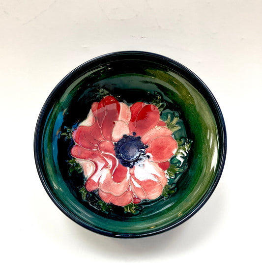 Moorcroft, Anemone, Bowl, Red Pink on Green Cobalt Blue, 1940s, Trinket Bowl