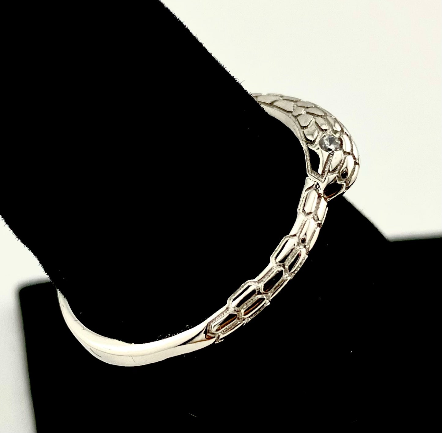 Sterling Silver Delicate Textured Infinity Snake Ring with Cubic Zirconia Eyes