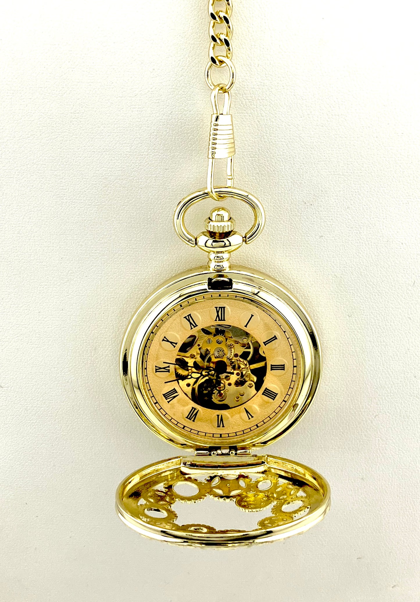 Winding Pocket Watch Non-Vintage Gold Coloured Metal with Gears Pattern, Hinged Cover