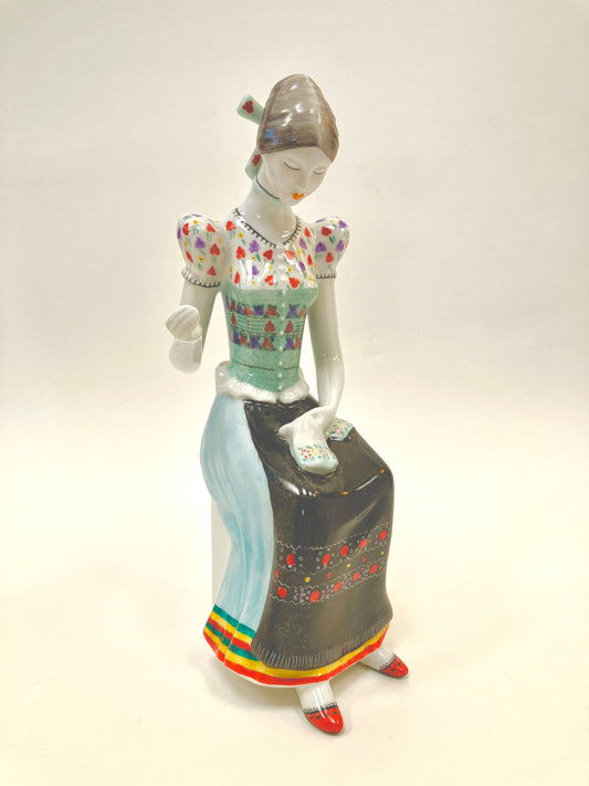 Hollohaza, Lady Sewing, Vintage, 1831, 3, 8065, Hand Painted, Figurine, Porcelain, Kezzel Festett