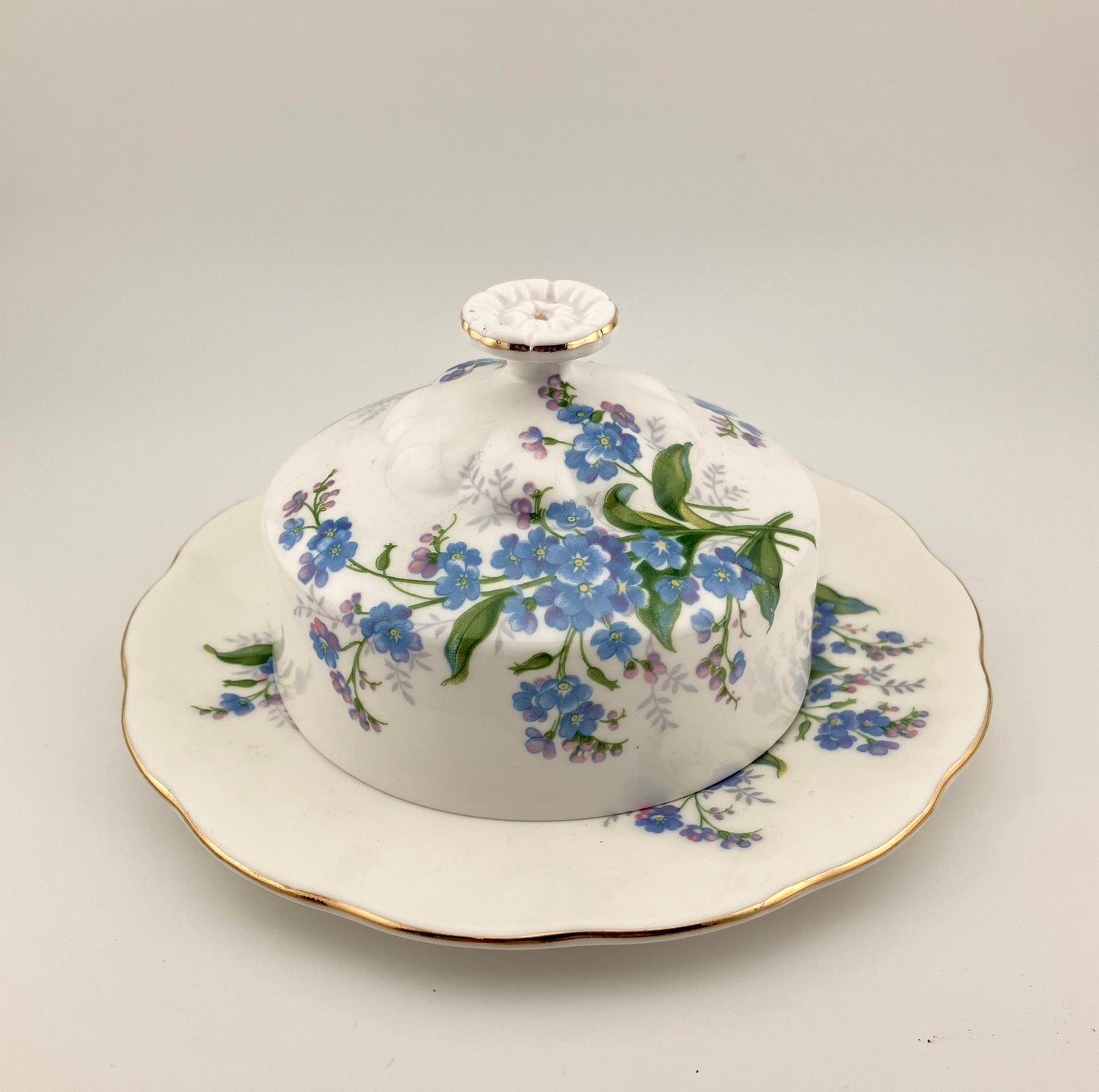 Royal Albert, Forget-Me-Not, Butter Dish, Vintage, Floral, Blue, Made in England