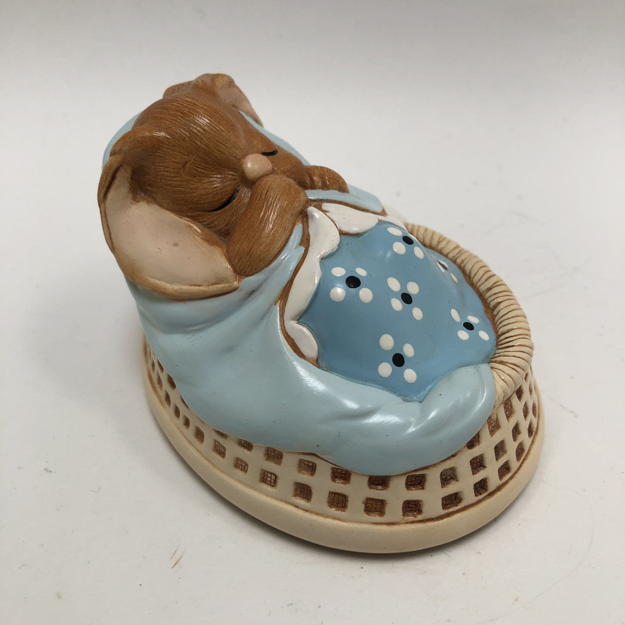 Pendelfin rabbit figurine - "Poppet" - sleeping bunny, blue three weave basket, vintage