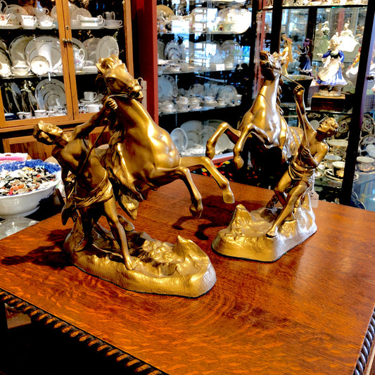Metal, Brass Look, Set of Two Figurines, Bookends, Rearing Horse, with Young Man, holding Reins,