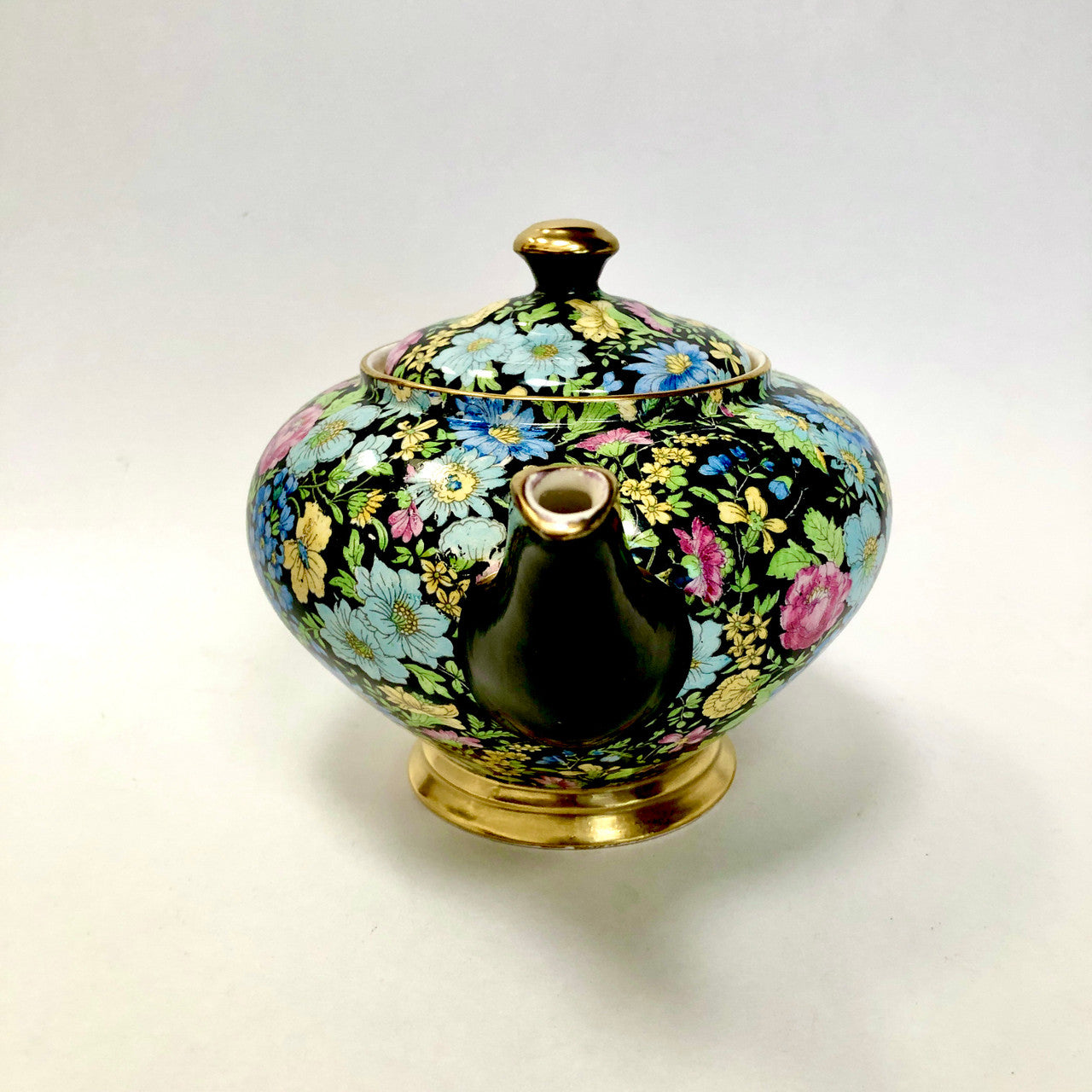 Teapot, Tea Pot, Empire Ware, Marguerite, Chintz, Black, Floral, Antique, Vintage, Gold Trimmed