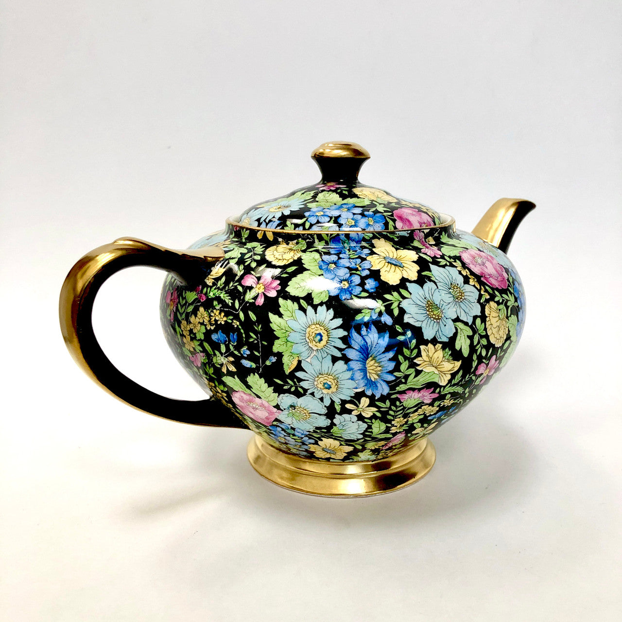 Teapot, Tea Pot, Empire Ware, Marguerite, Chintz, Black, Floral, Antique, Vintage, Gold Trimmed