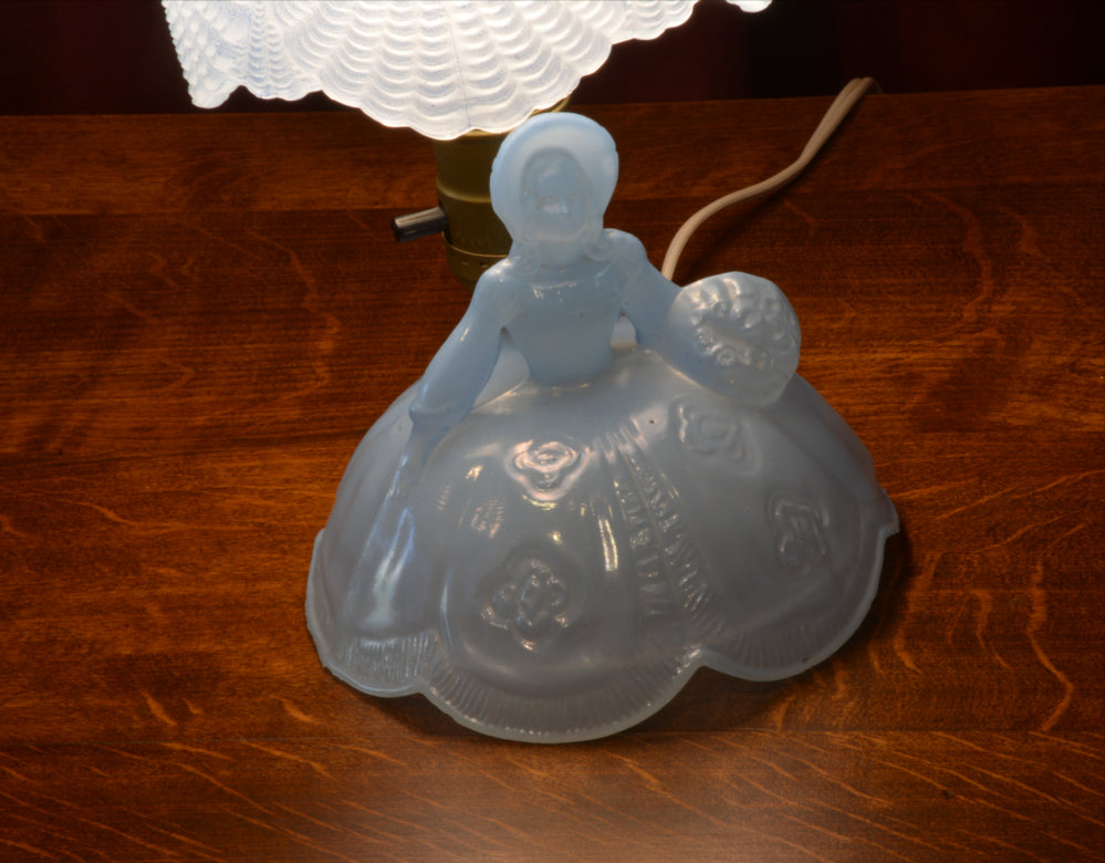 Vintage,  Blue, Glass, Figural, Figurine, Table Lamp, Apex, Lady with Umbrella