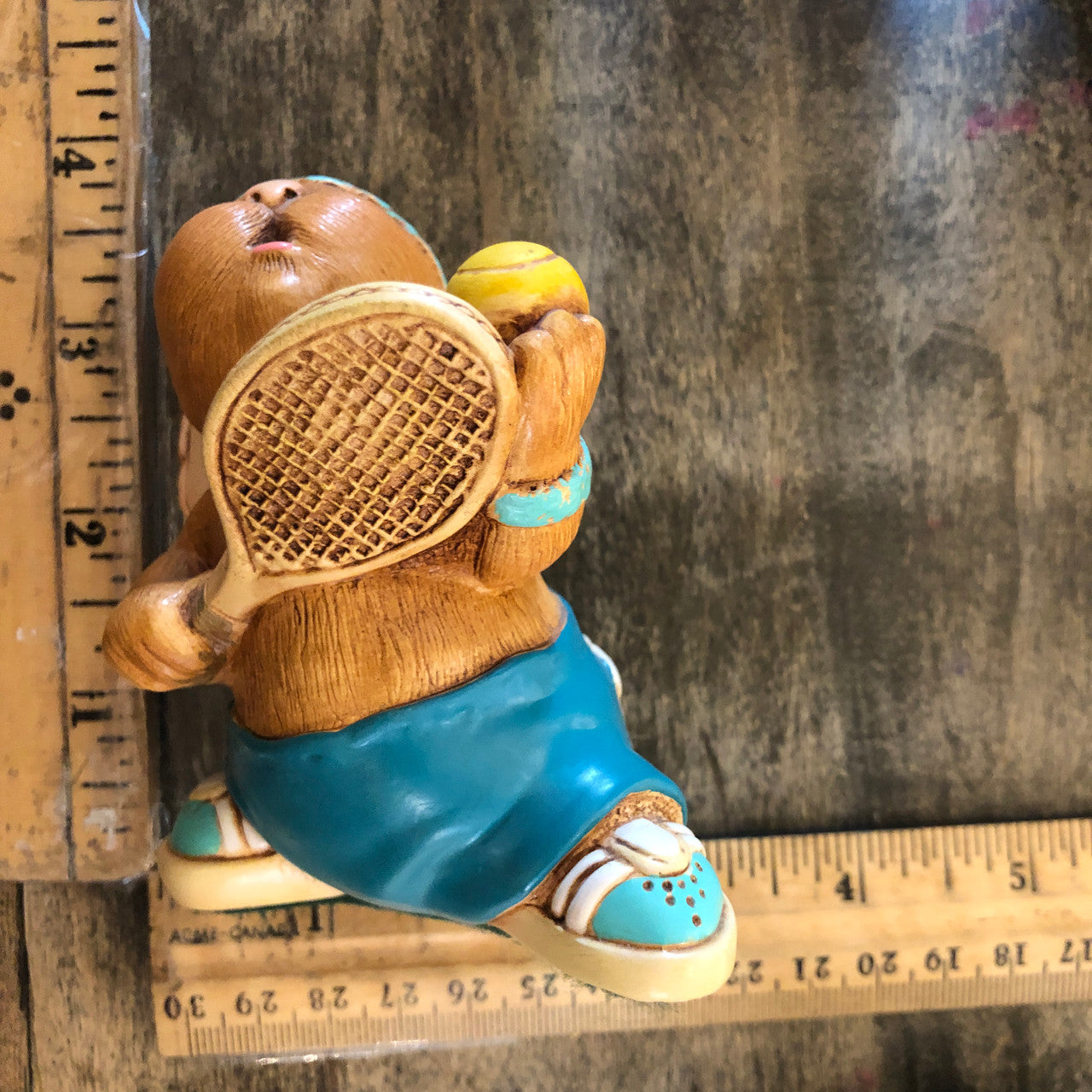 Pendelfin, Figurine, Tennyson, Dark Green, (RARE), Turquoise, Tennis Racquet, Serve, , Rabbit, Bunny, Ceramic, Stonecraft, Jean Walmsely Heap, Figurine, Vintage, Burnley, England