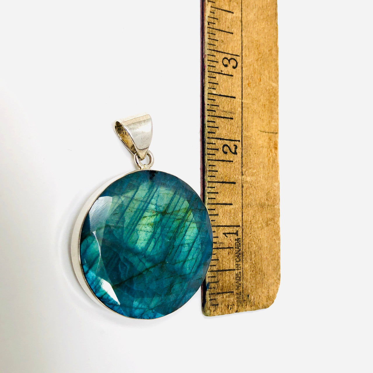 Pendant, Labradorite, Round, Faceted, Sterling Silver, Silver, Large