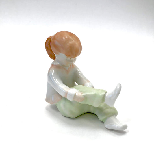 Aquincum, Figurine, Child, Girl, Pulling on Sock, Hungary, Porcelain, Vintage, Mid-Century,  (Herend)