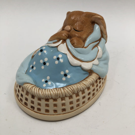 Pendelfin rabbit figurine - "Poppet" - sleeping bunny, blue three weave basket, vintage