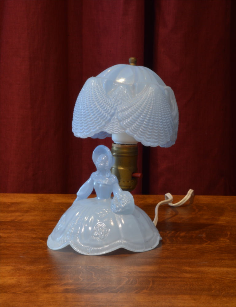 Vintage,  Blue, Glass, Figural, Figurine, Table Lamp, Apex, Lady with Umbrella