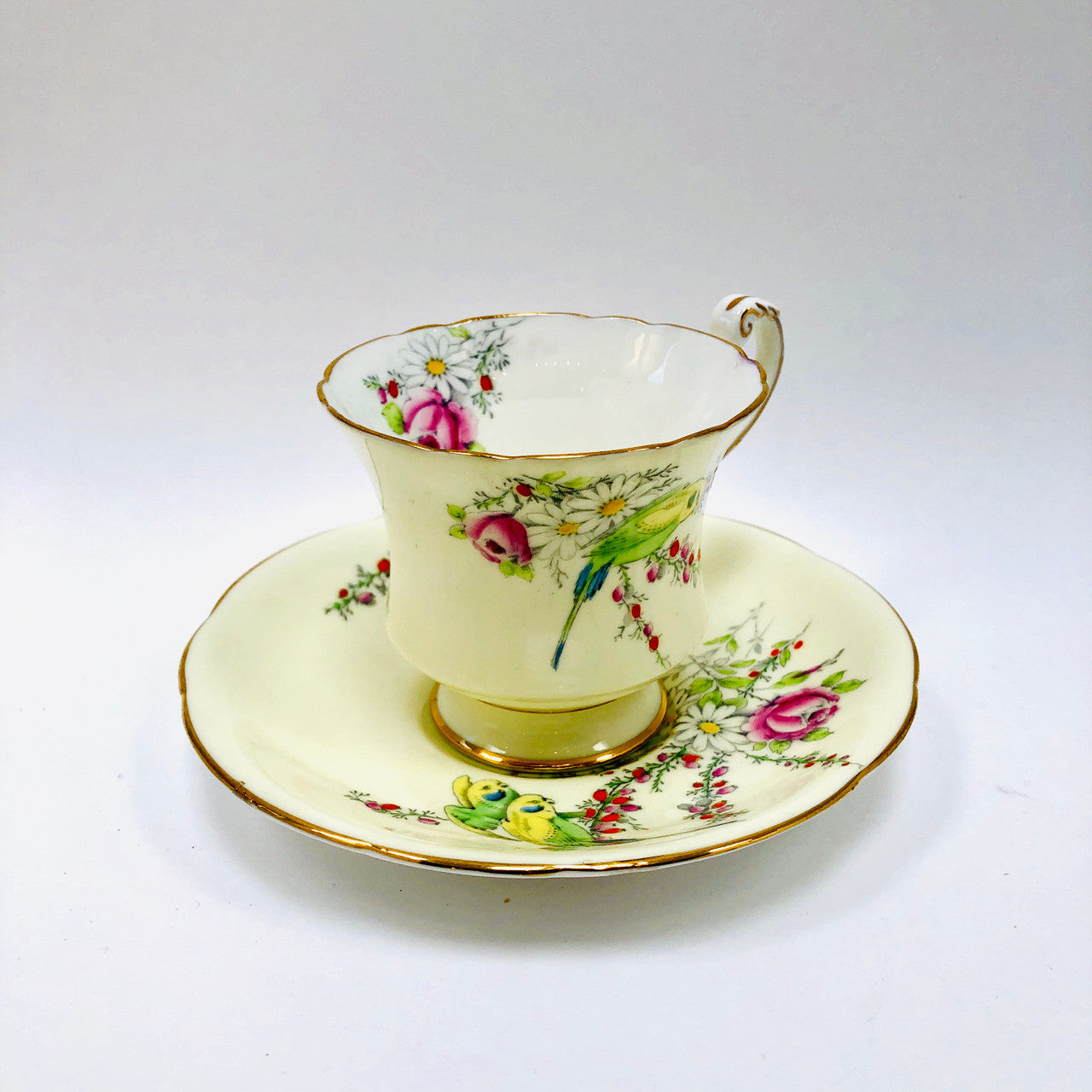 Vintage, Princess Margaret Rose, Footed, Cup and Saucer, Paragon, England, Budgies, Parakeets, Birds, Cream, Tea cup, Teacup, Saucer