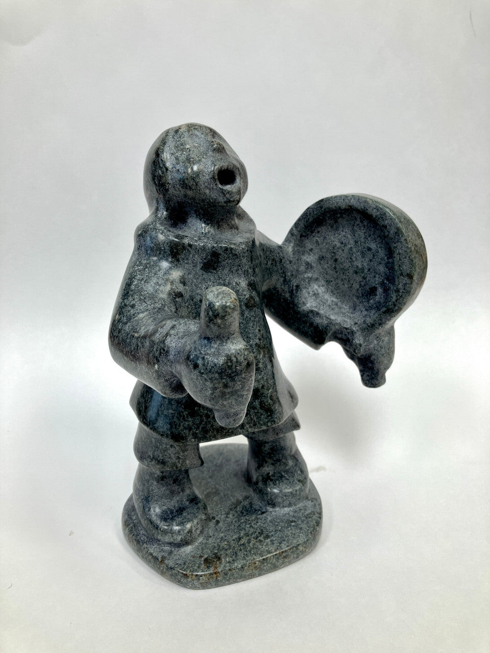 Soapstone Sculpture, Inuit, Drum Singer, Pitsulak Pinguatuk, Kangiqsujuaq, Nunavik, Hand Carved