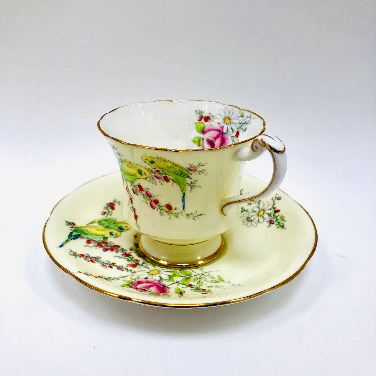 Vintage, Princess Margaret Rose, Footed, Cup and Saucer, Paragon, England, Budgies, Parakeets, Birds, Cream, Tea cup, Teacup, Saucer