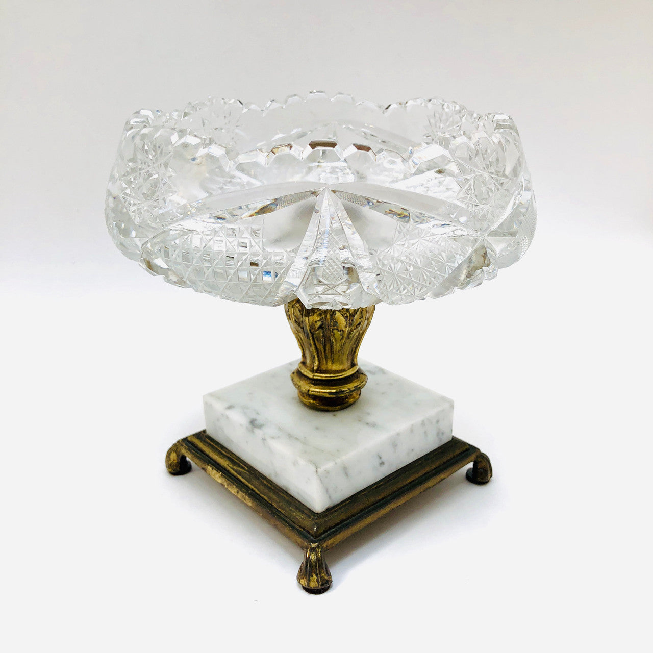 Vintage Crystal Pedestal Bowl, Compote, Brilliant Cut Crystal, Marble, Stone Base