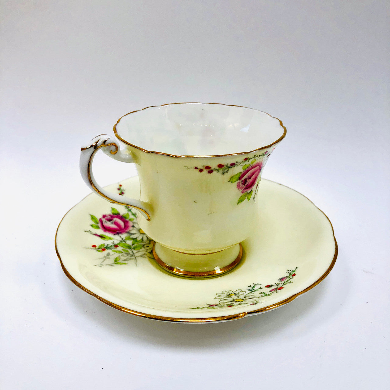 Vintage, Princess Margaret Rose, Footed, Cup and Saucer, Paragon, England, Budgies, Parakeets, Birds, Cream, Tea cup, Teacup, Saucer