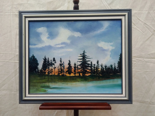 Framed oil-acrylic painting - Spruce trees-lake-sunset - Ken Godfrey