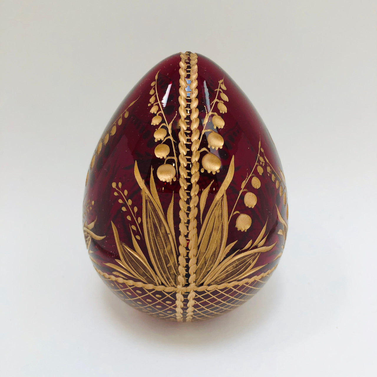 Russian, Faberge Style, Egg, Red, Cranberry, Glass, Engraved, Gold, Egg