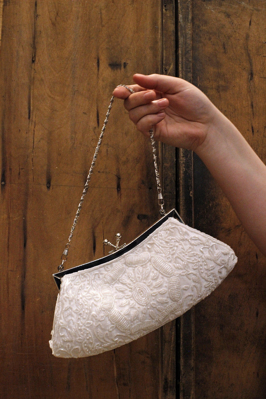 White Hand Beaded Sequinned Small Clutch Vintage Style. – Ibon