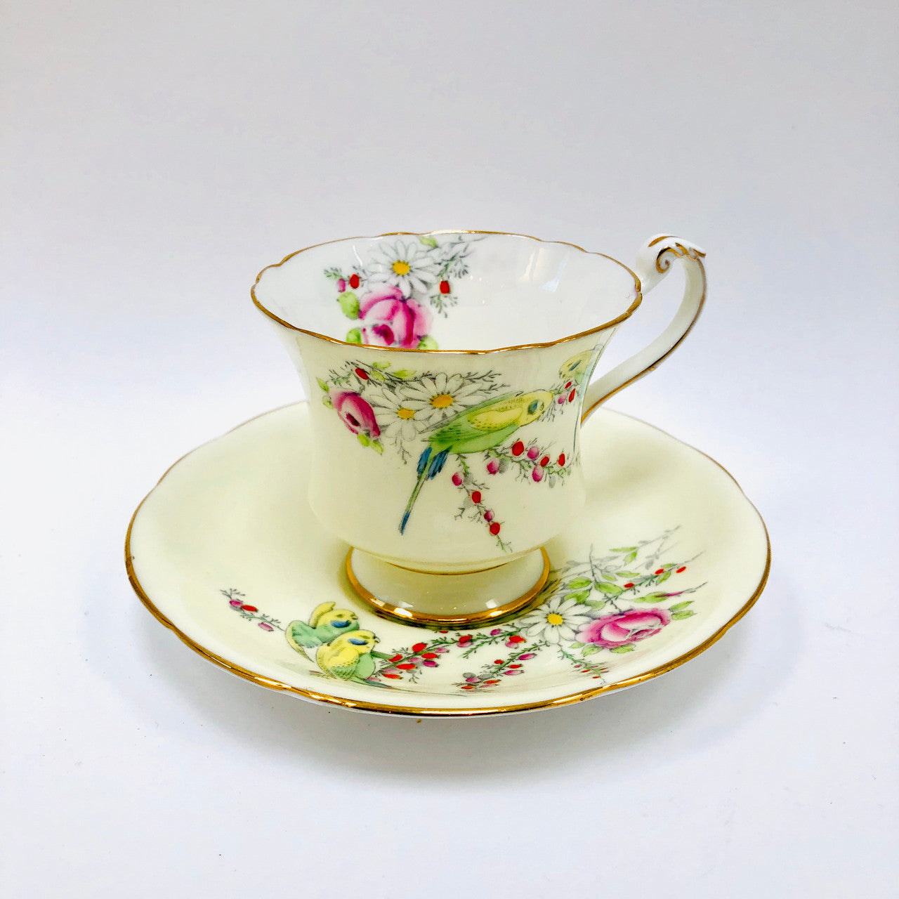 Vintage, Princess Margaret Rose, Footed, Cup and Saucer, Paragon, England, Budgies, Parakeets, Birds, Cream, Tea cup, Teacup, Saucer