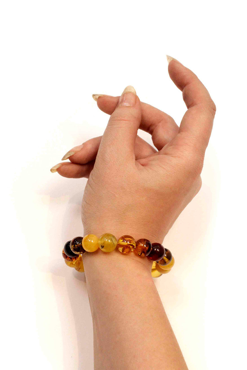 Round Multicolored Baltic Amber Bead Stretch Bracelet