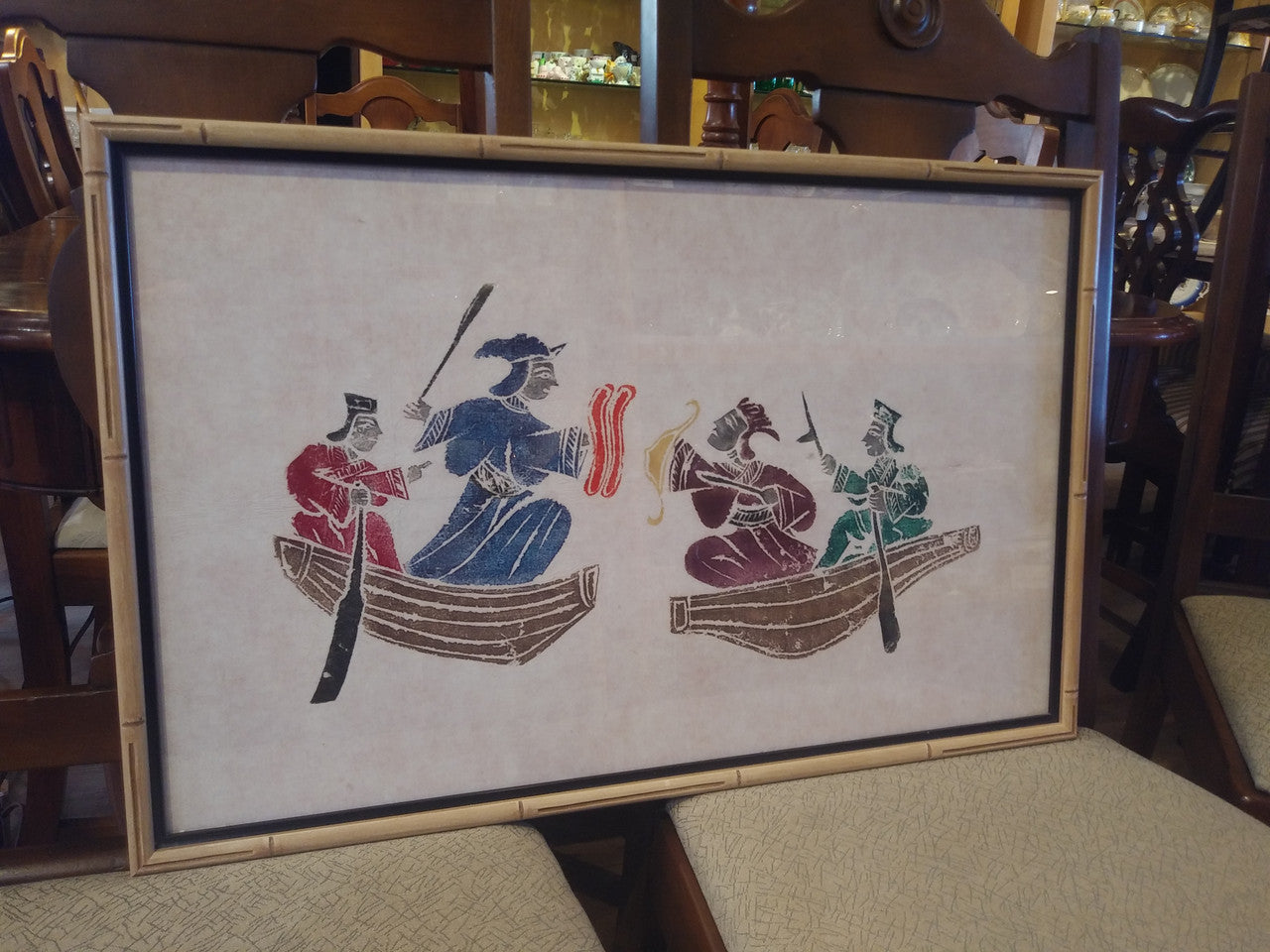 Wood framed oriental silk screen (?) print - two boats, multicolour