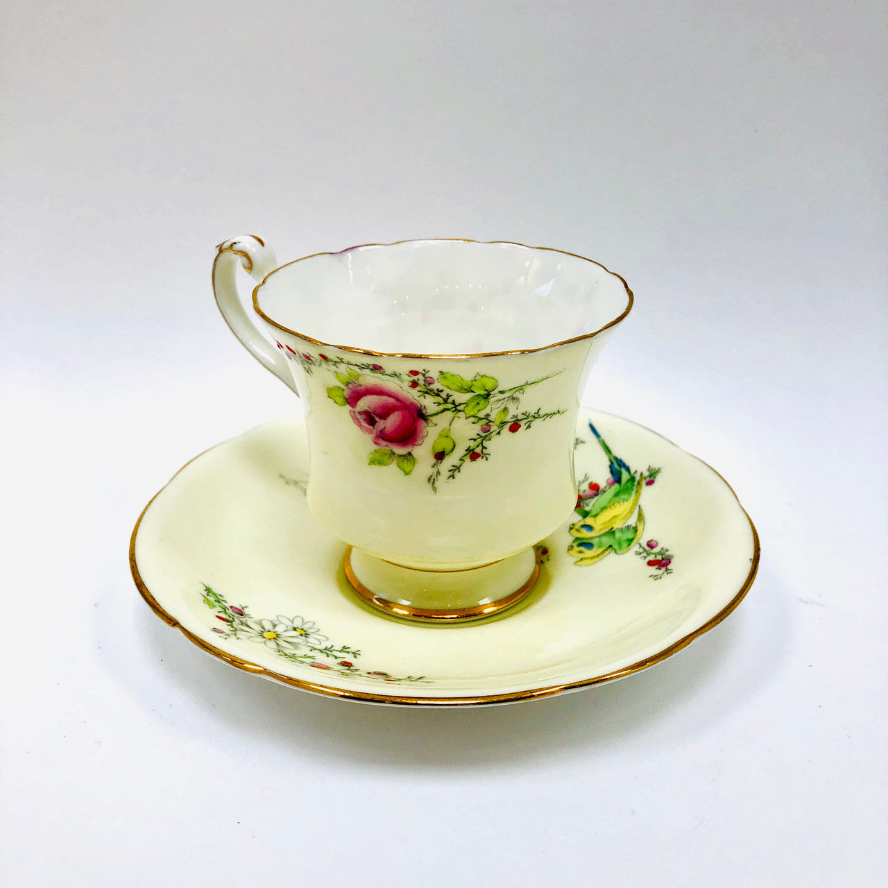 Vintage, Princess Margaret Rose, Footed, Cup and Saucer, Paragon, England, Budgies, Parakeets, Birds, Cream, Tea cup, Teacup, Saucer