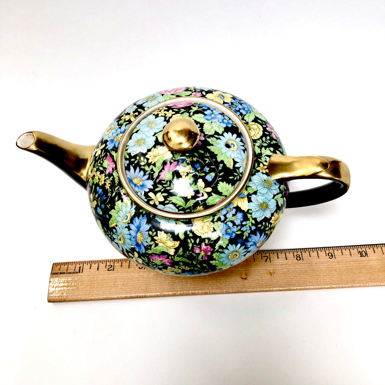 Teapot, Tea Pot, Empire Ware, Marguerite, Chintz, Black, Floral, Antique, Vintage, Gold Trimmed