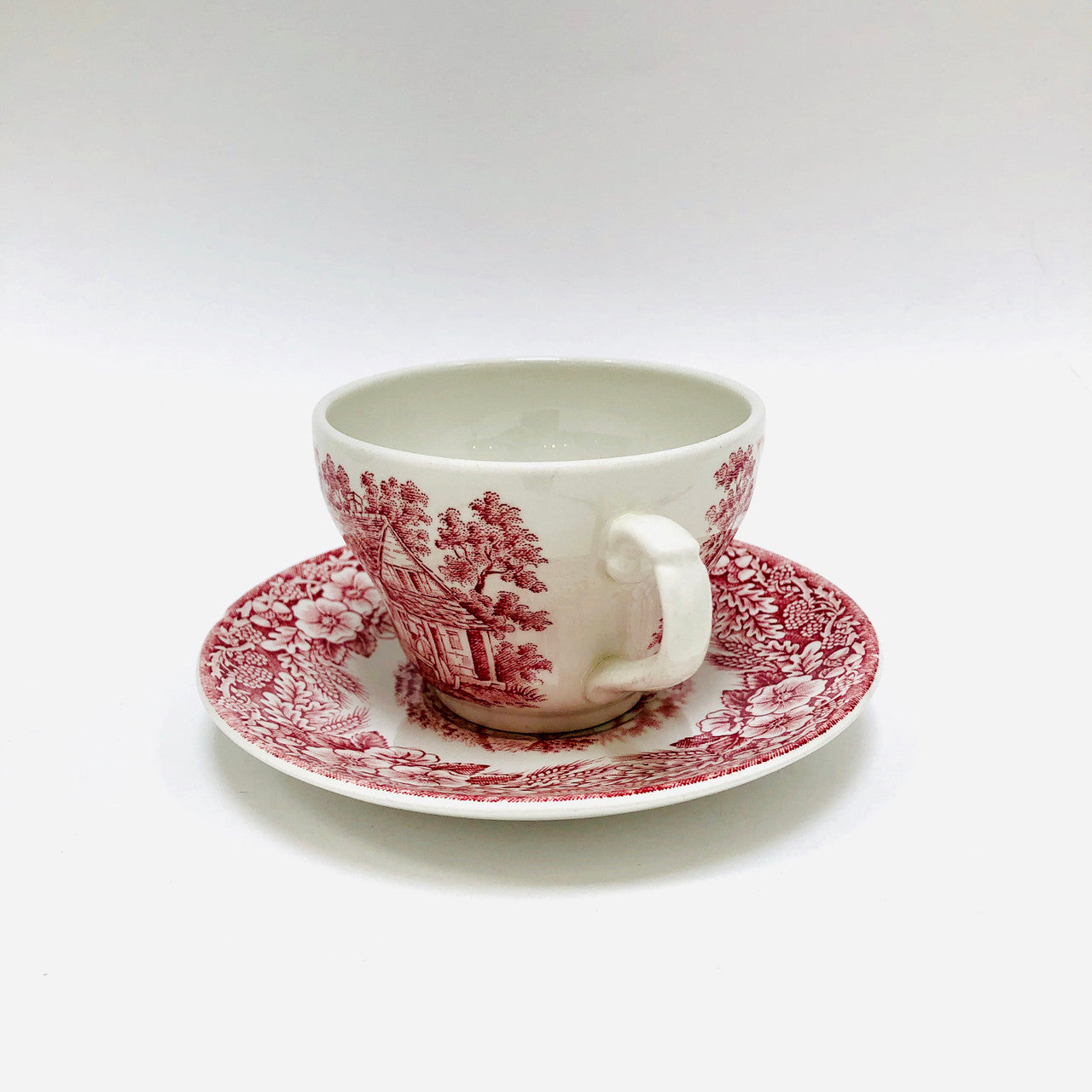 The Constable Series Bicentennial, 1776-1976, Tea Cup, Teacup, Cup and Saucer, J Broadhurst, Ironstone, Red Etched Old-Fashioned Rural Scene, United States Independence