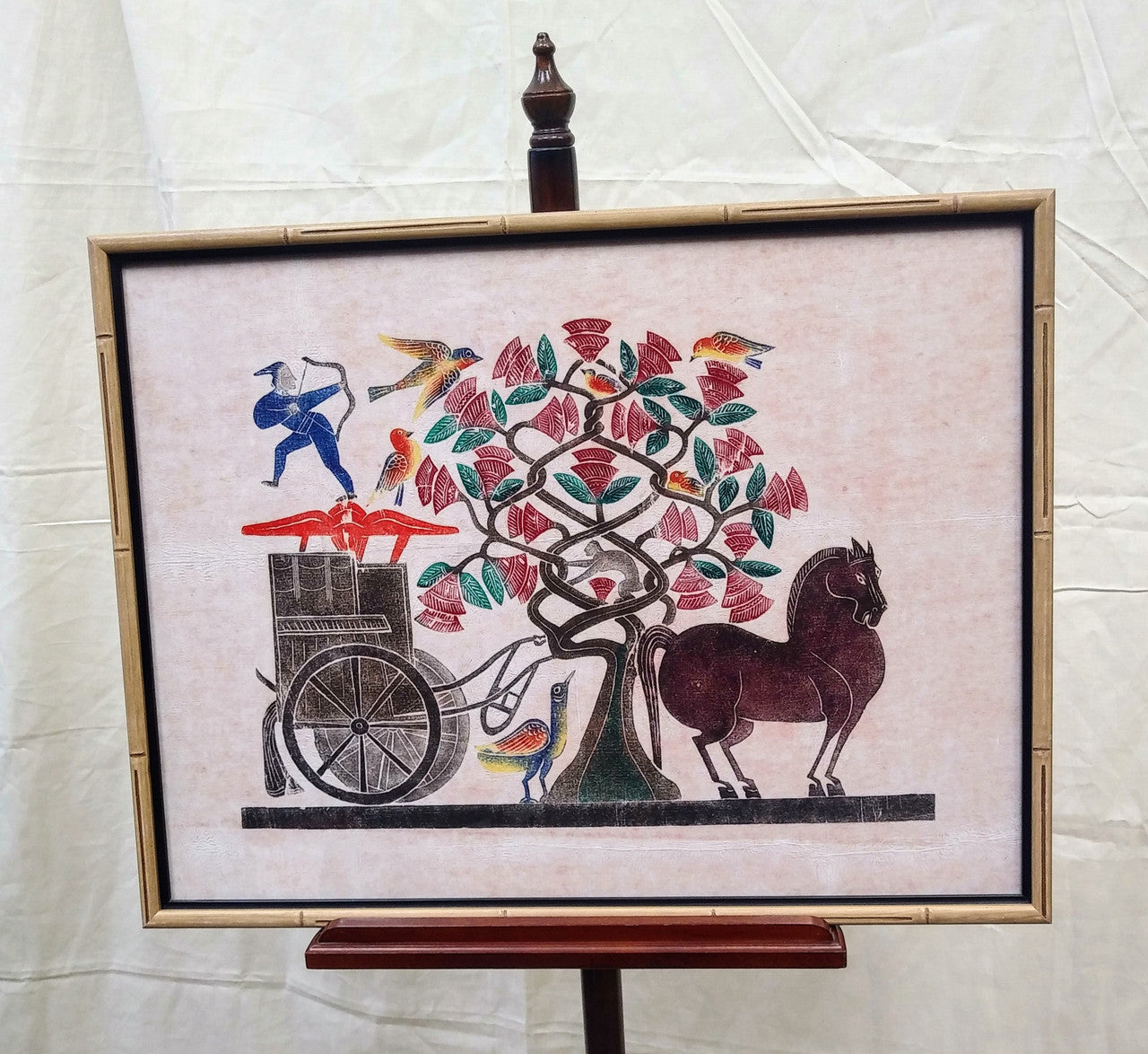Oriental silk screen(?) print - Horse, chariot, tree, birds