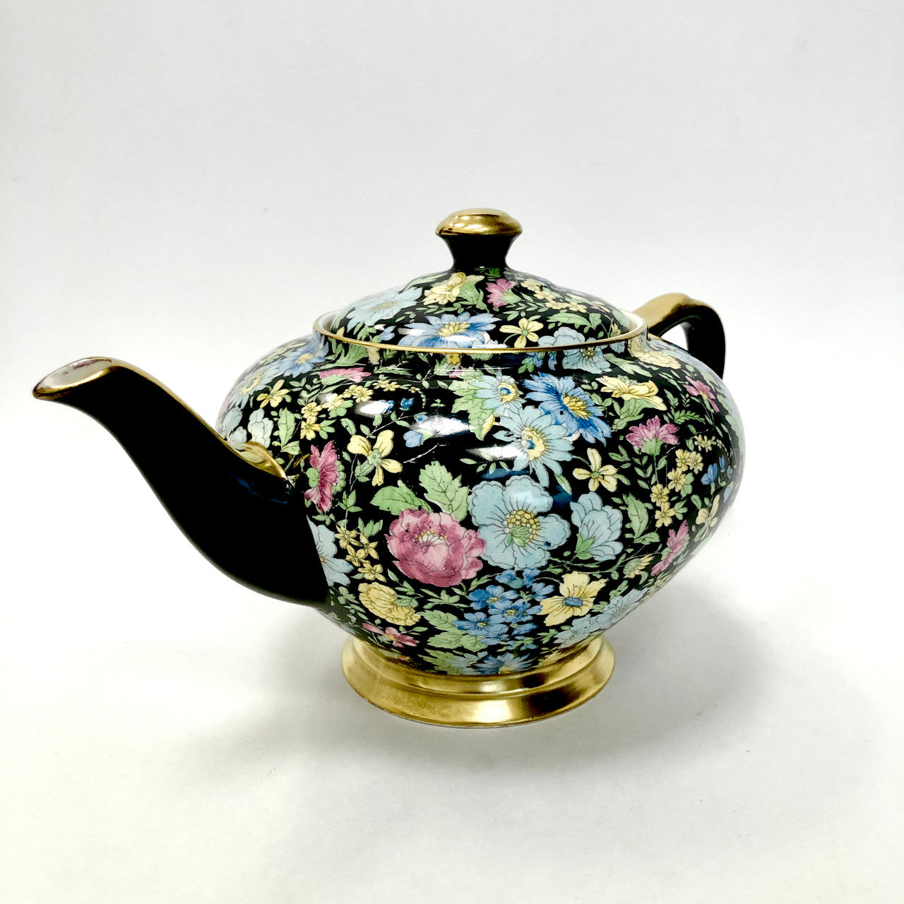 Teapot, Tea Pot, Empire Ware, Marguerite, Chintz, Black, Floral, Antique, Vintage, Gold Trimmed