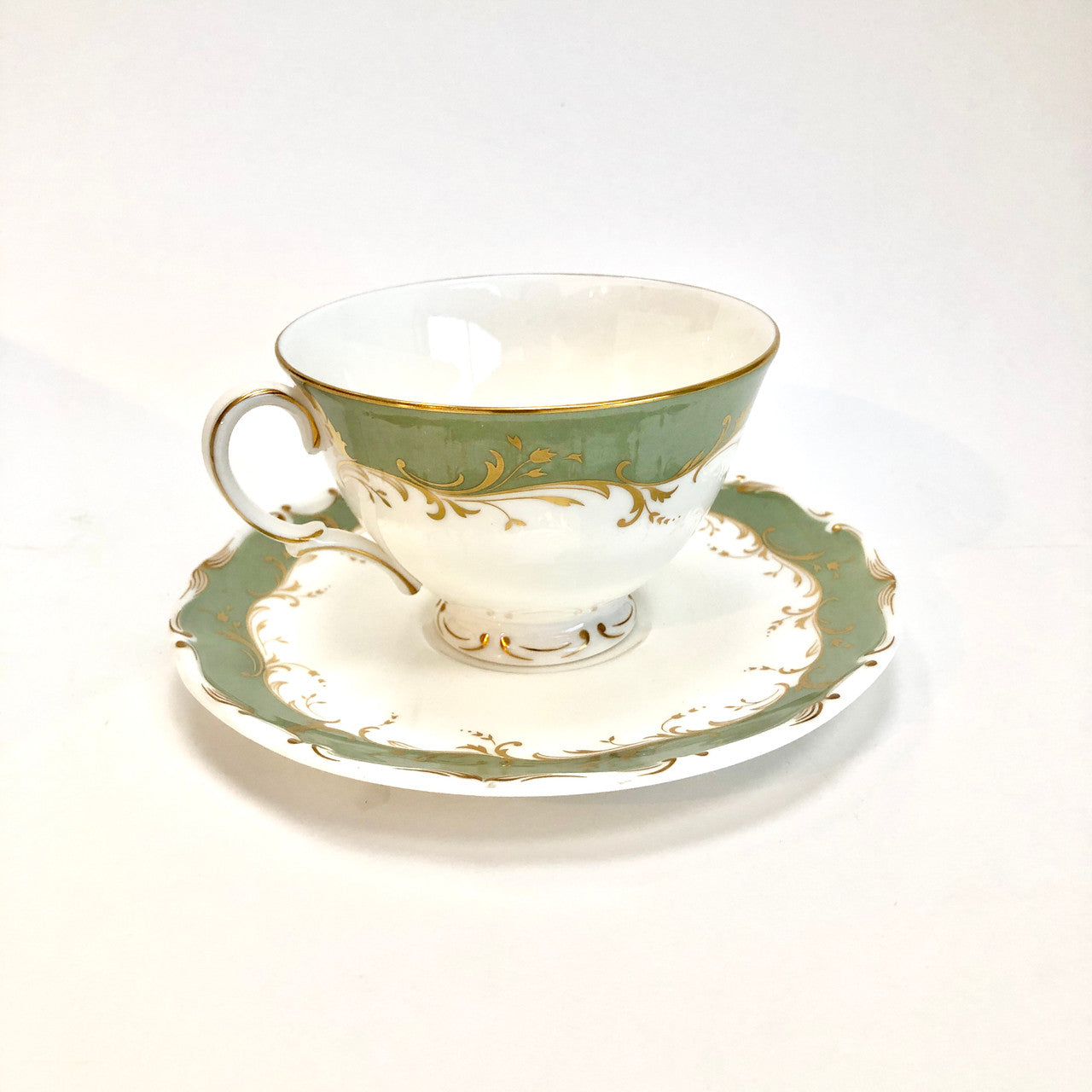 Royal Doulton, Fontainbleu, H 4987, Vintage, England, Green, Grey, Gold, Tea Cup, Cup, Saucer, Cup and Saucer, Fine, bone, China, Steampunk