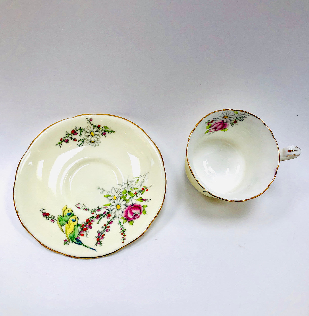 Vintage, Princess Margaret Rose, Footed, Cup and Saucer, Paragon, England, Budgies, Parakeets, Birds, Cream, Tea cup, Teacup, Saucer