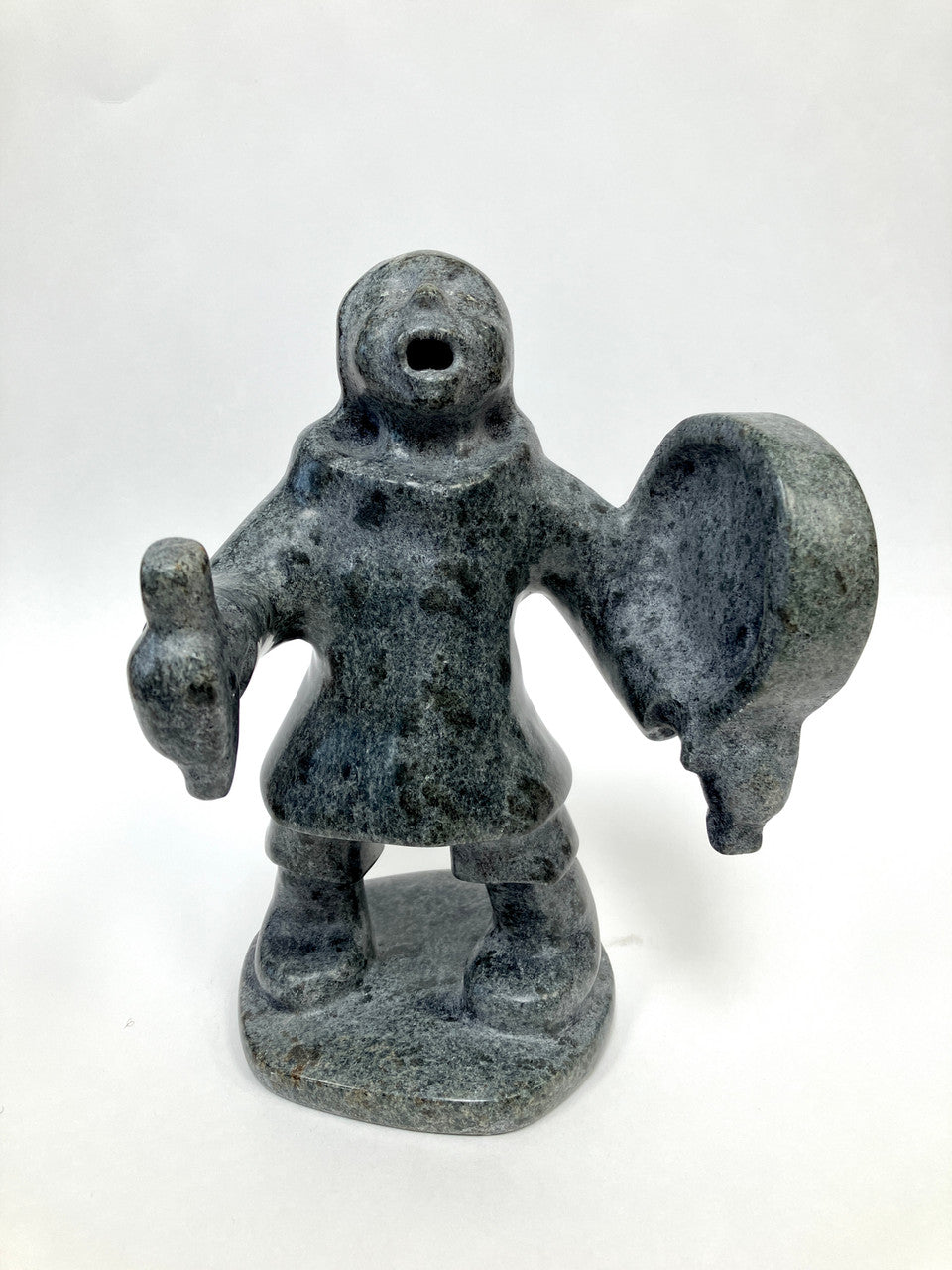 Soapstone Sculpture, Inuit, Drum Singer, Pitsulak Pinguatuk, Kangiqsujuaq, Nunavik, Hand Carved