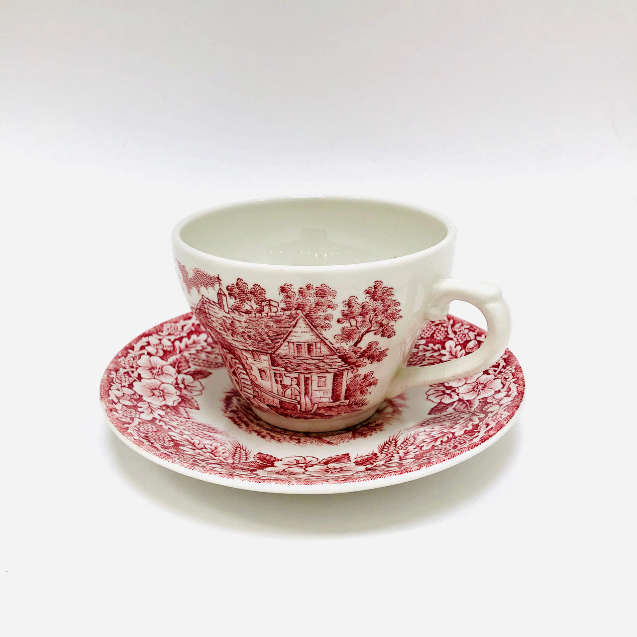 The Constable Series Bicentennial, 1776-1976, Tea Cup, Teacup, Cup and Saucer, J Broadhurst, Ironstone, Red Etched Old-Fashioned Rural Scene, United States Independence